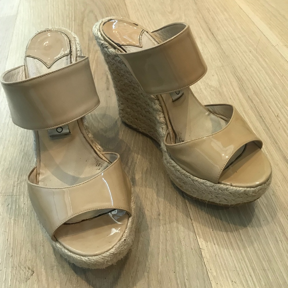 Jimmy Choo patent leather nude wedge sandals